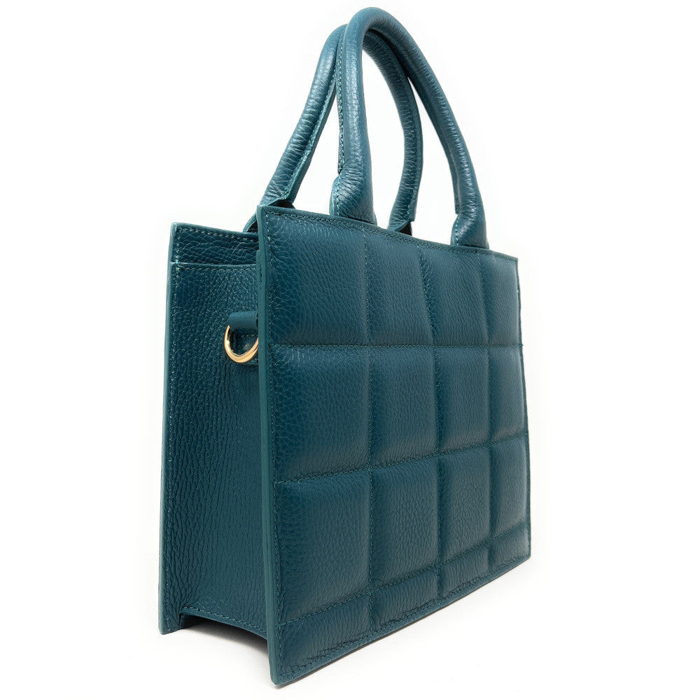 Sac à main tote book en cuir grainé matelassé RIVE GAUCHE Bleu vert canard