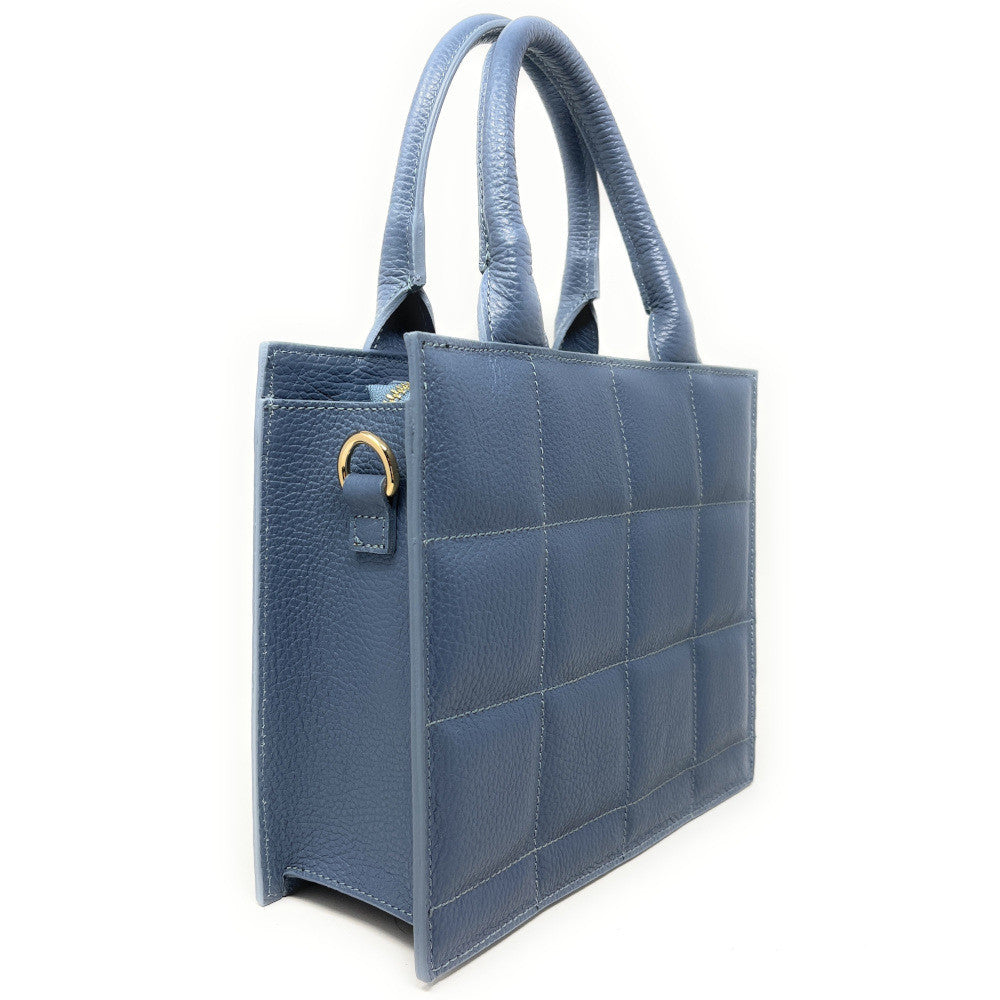 Sac à main tote book en cuir grainé matelassé RIVE GAUCHE Bleu glacier