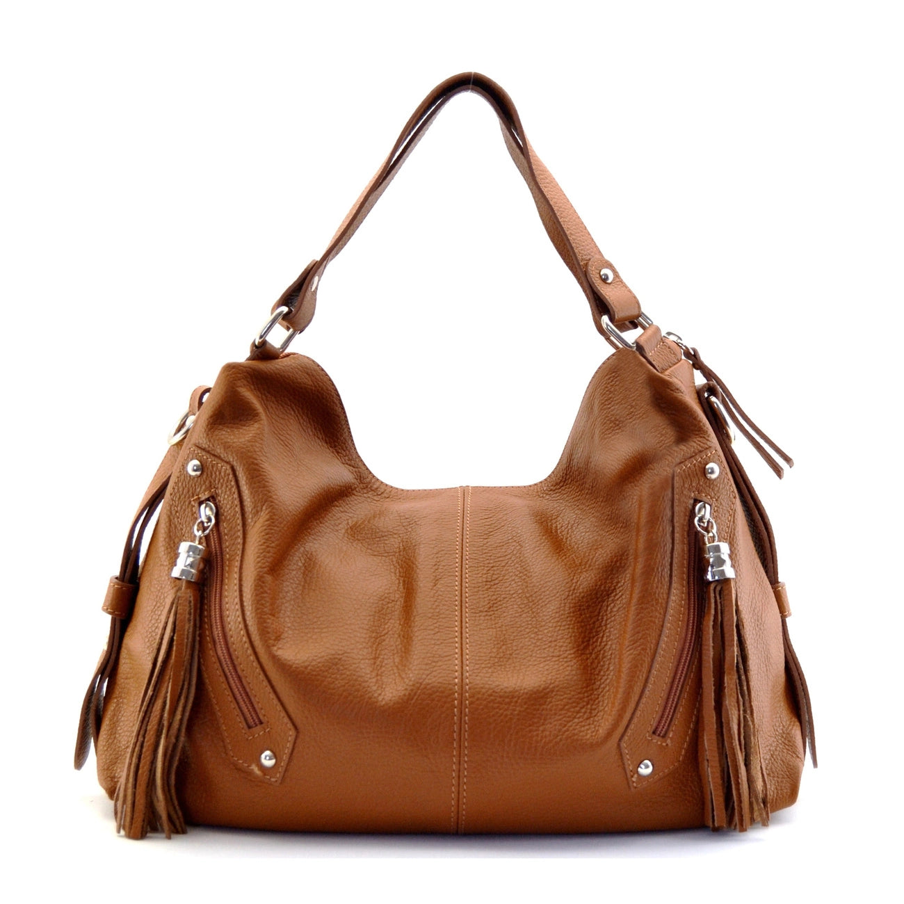 ARIZONA Dark Cognac Grained Leather Handbag