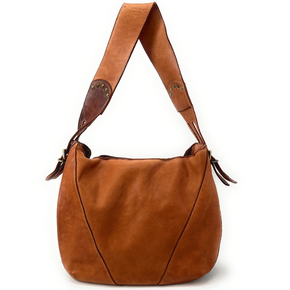 Sac à main hobo en cuir souple vintage tannage végétal RHEA Camel foncé