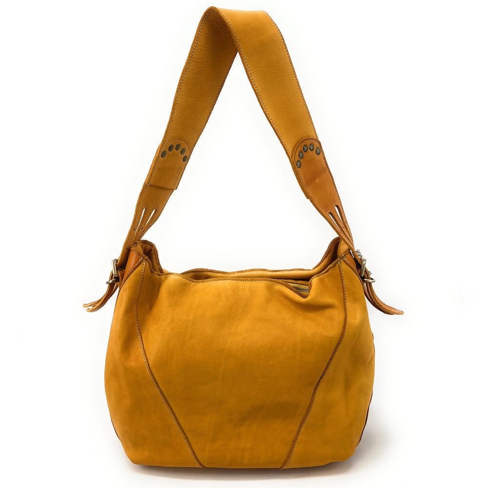 Sac à main hobo en cuir souple vintage tannage végétal RHEA Jaune Moutarde
