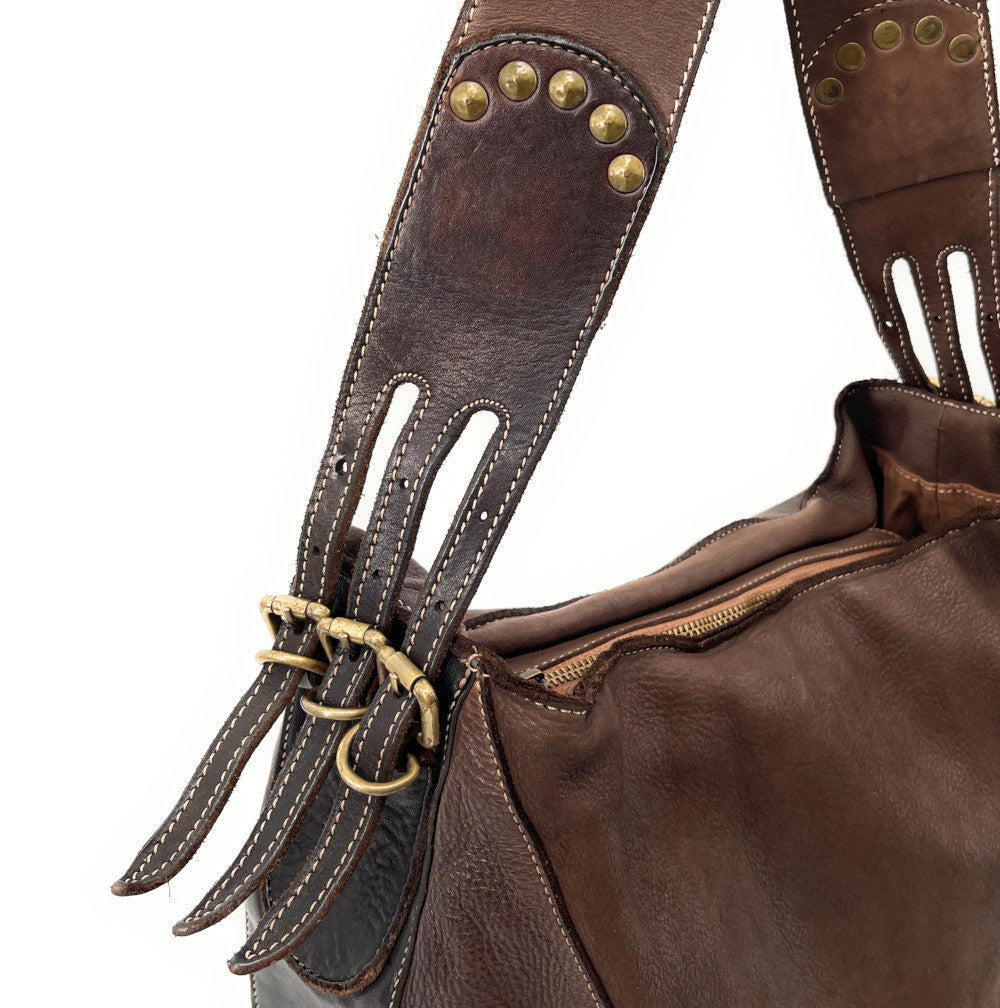 Sac à main hobo en cuir souple vintage tannage végétal RHEA Chocolat