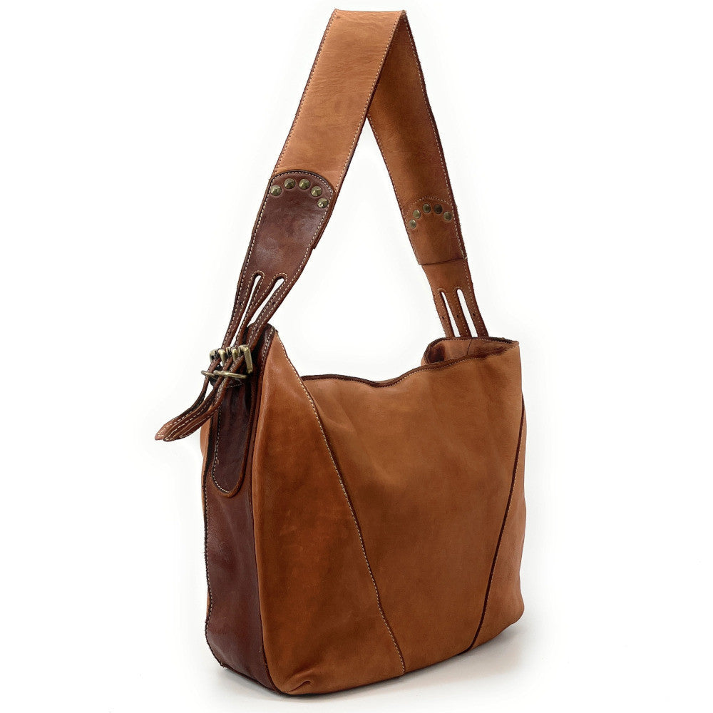 Sac à main hobo en cuir souple vintage tannage végétal RHEA Camel foncé
