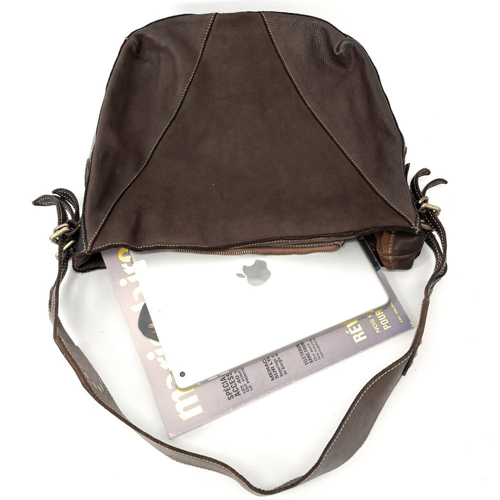 Sac à main hobo en cuir souple vintage tannage végétal RHEA Chocolat
