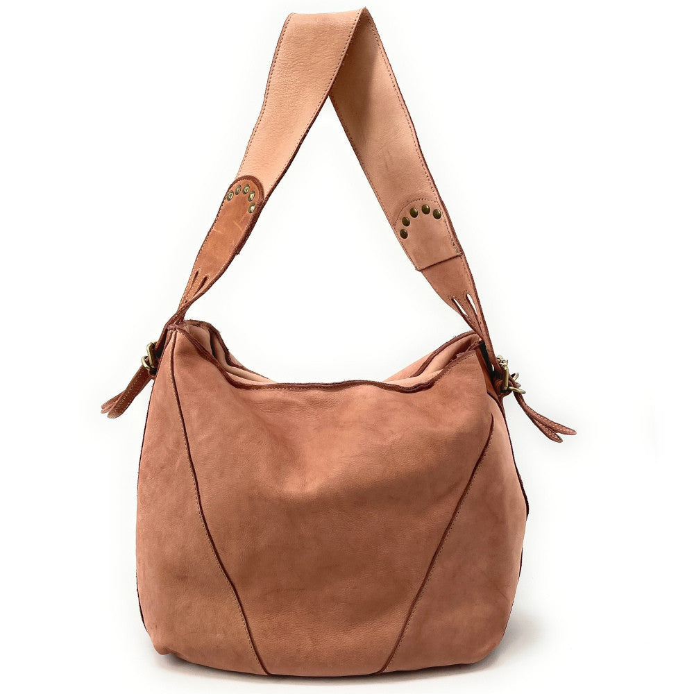 Sac à main hobo en cuir souple vintage tannage végétal RHEA Rose nude