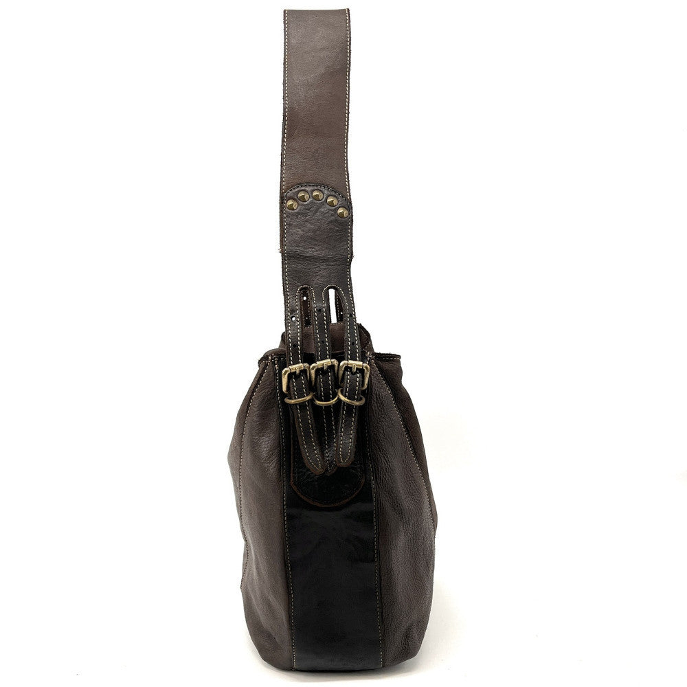 Sac à main hobo en cuir souple vintage tannage végétal RHEA Chocolat