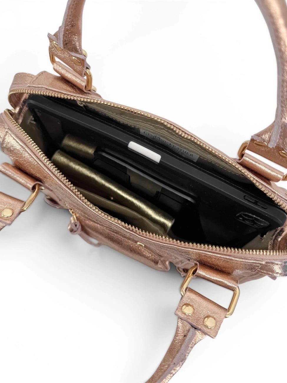SANDSTORM GOLD iridescent leather handbag in Rose Gold