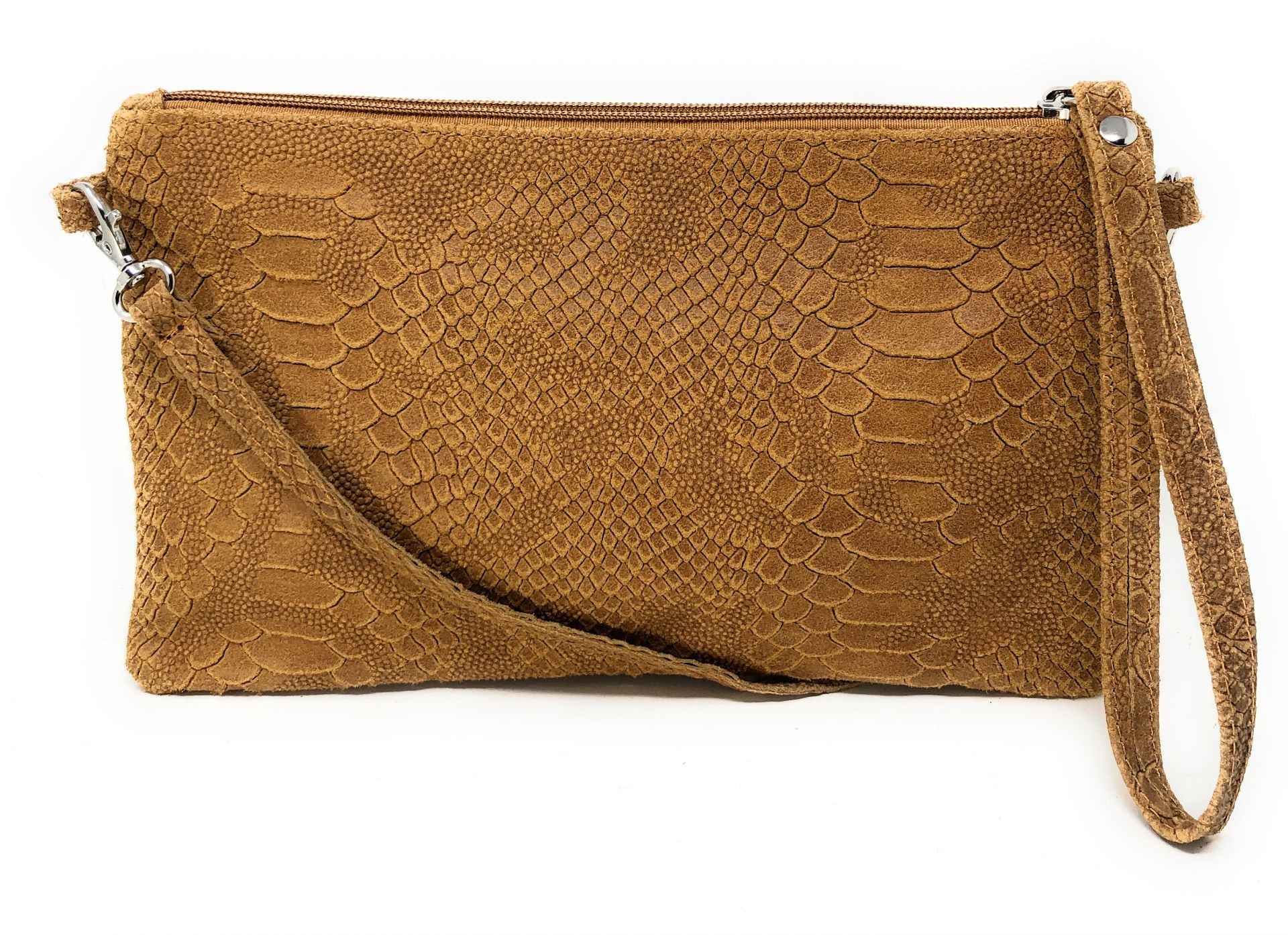 Sac pochette en cuir effet serpent DUNDEE Camel