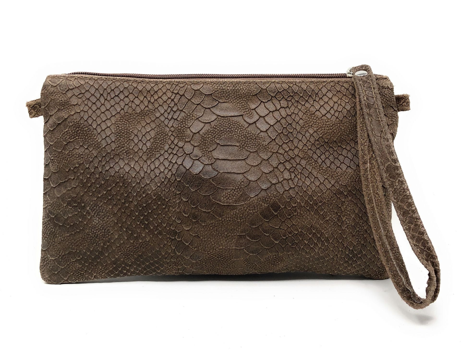 Sac pochette en cuir effet serpent DUNDEE Taupe foncé