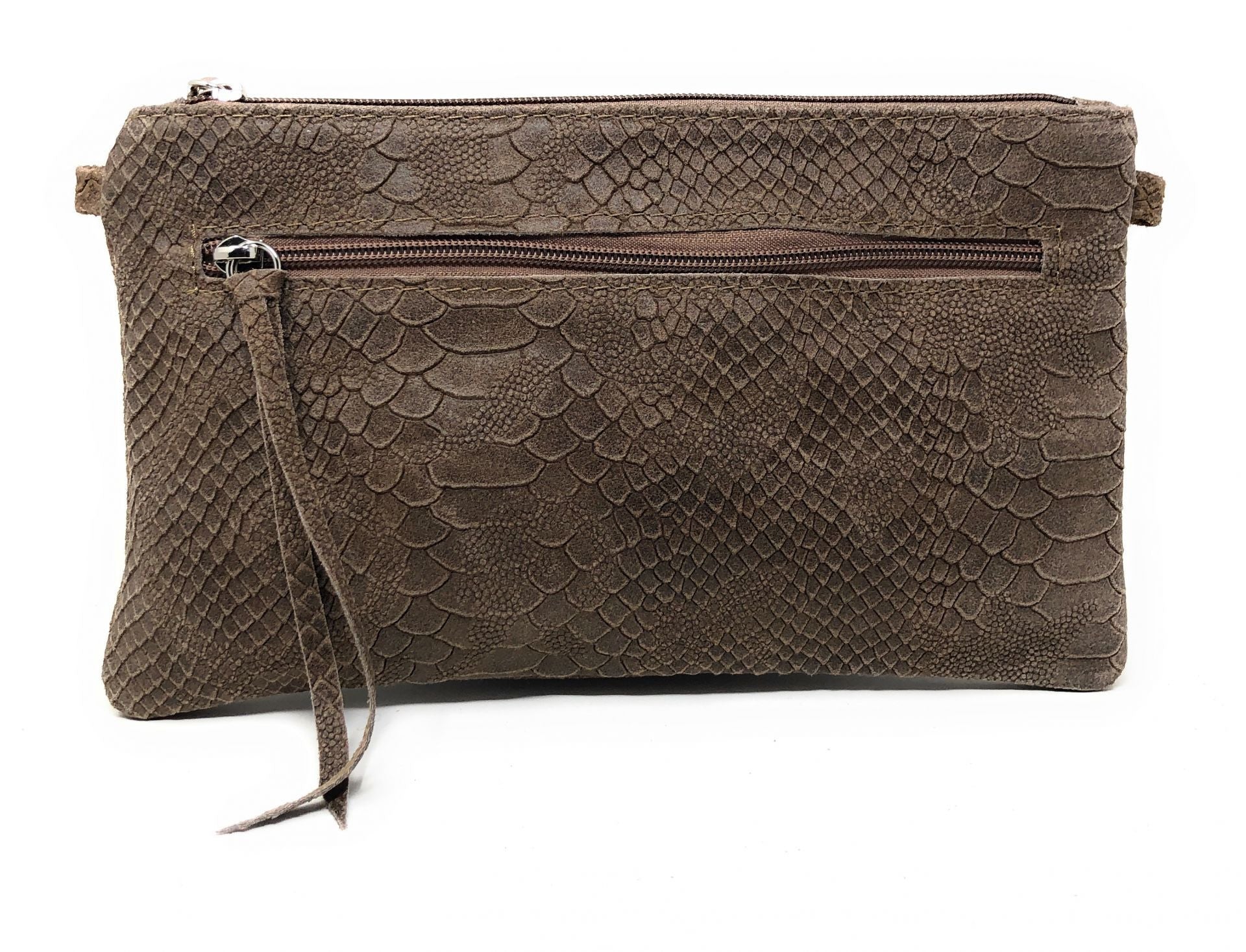 Sac pochette en cuir effet serpent DUNDEE Taupe foncé
