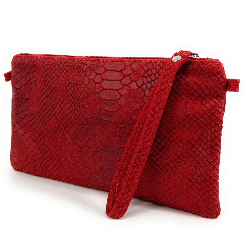 Sac pochette en cuir effet serpent DUNDEE Rouge garance