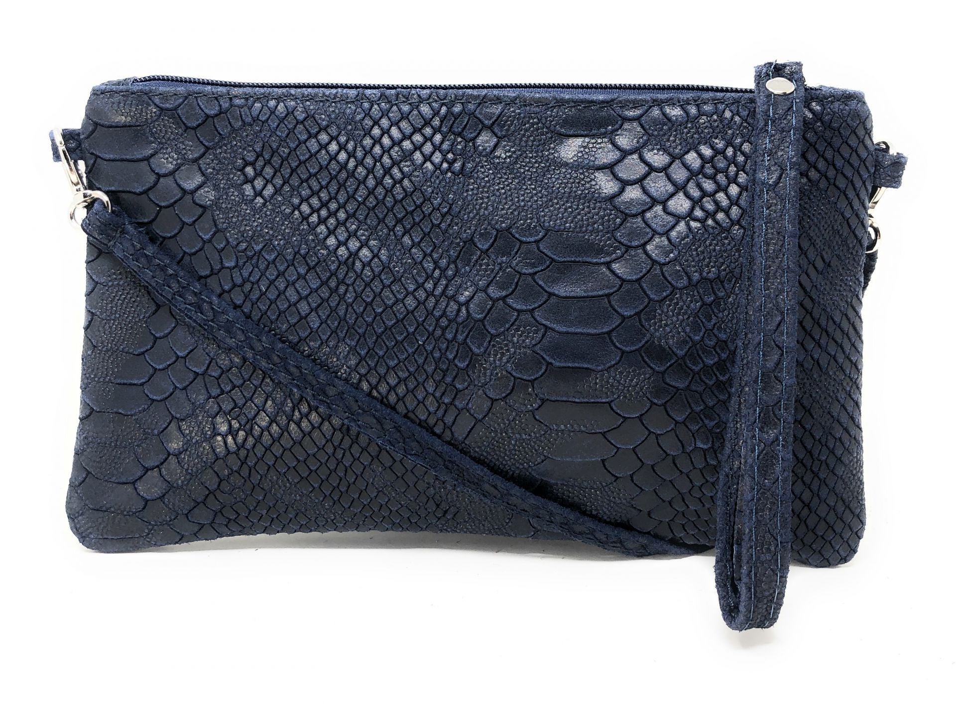 Sac pochette en cuir effet serpent DUNDEE Bleu marine