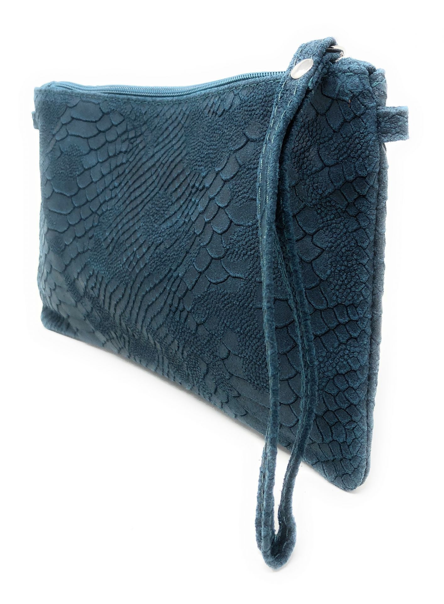 Sac pochette en cuir effet serpent DUNDEE Bleu vert canard