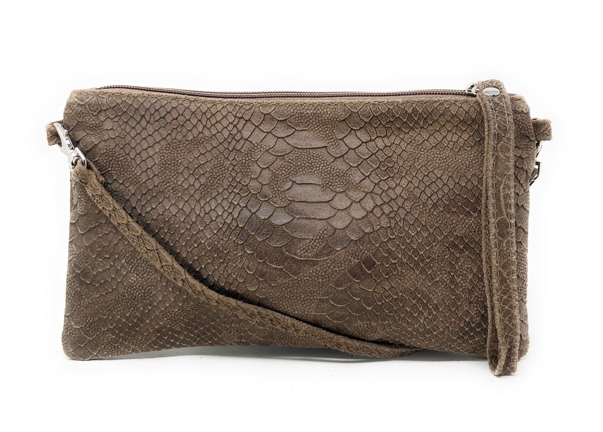 Sac pochette en cuir effet serpent DUNDEE Taupe foncé