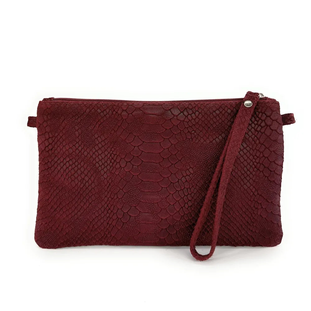 Sac pochette en cuir effet serpent DUNDEE Rouge foncé