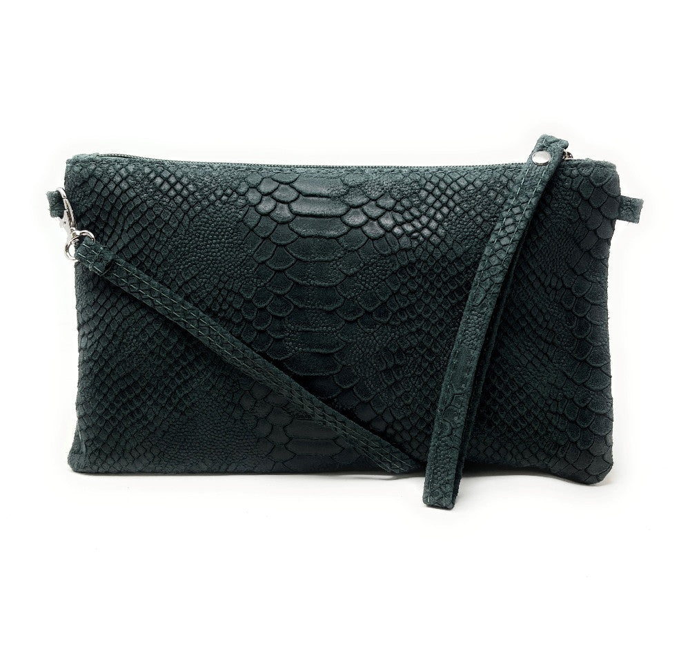 Sac pochette en cuir effet serpent DUNDEE Vert forêt