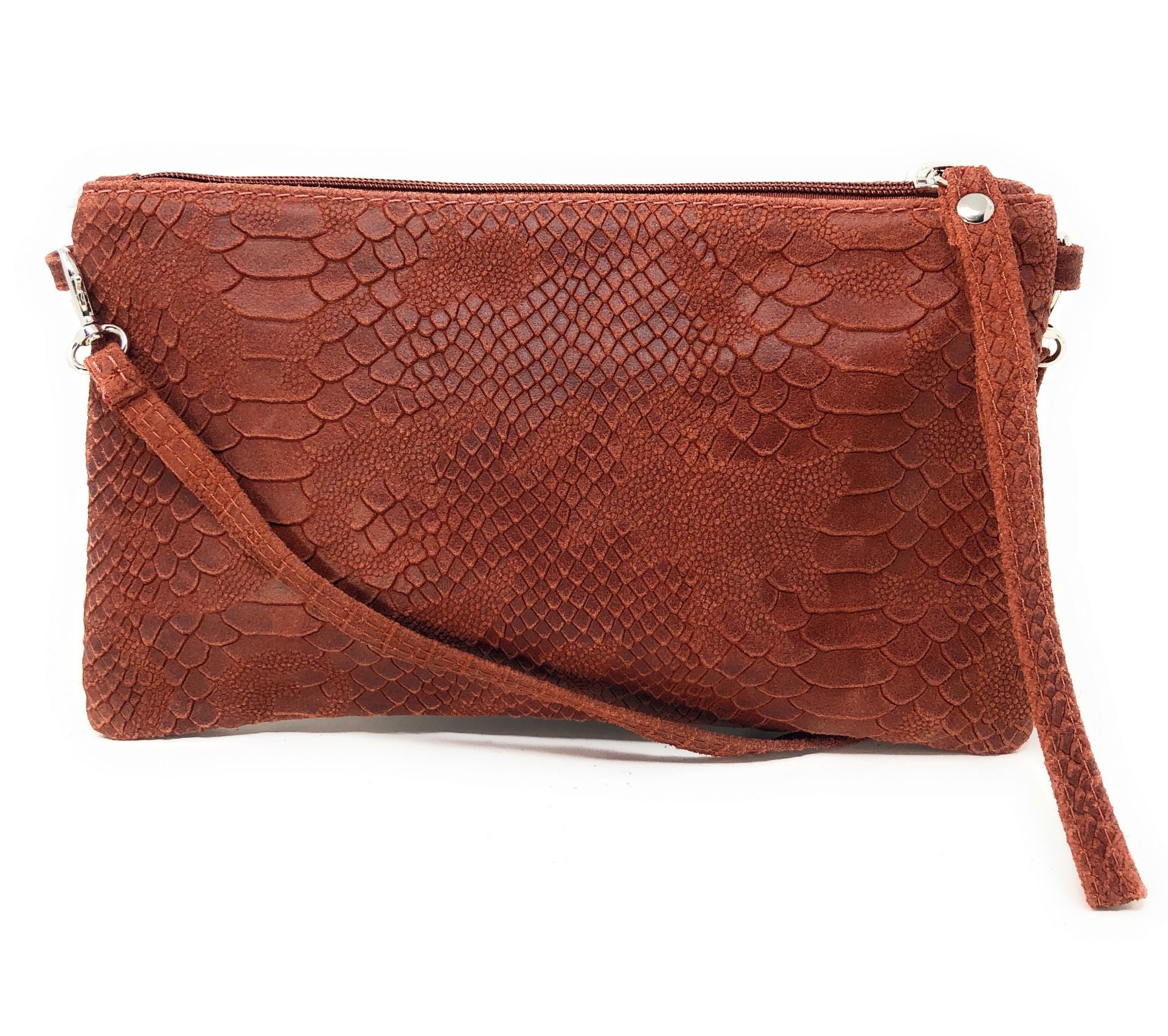 Sac pochette en cuir effet serpent DUNDEE Rouge brique