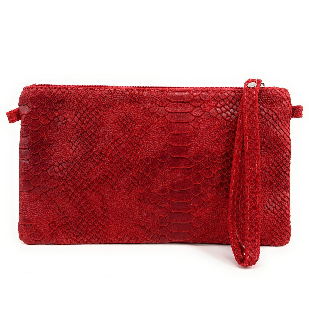 Sac pochette en cuir effet serpent DUNDEE Rouge garance