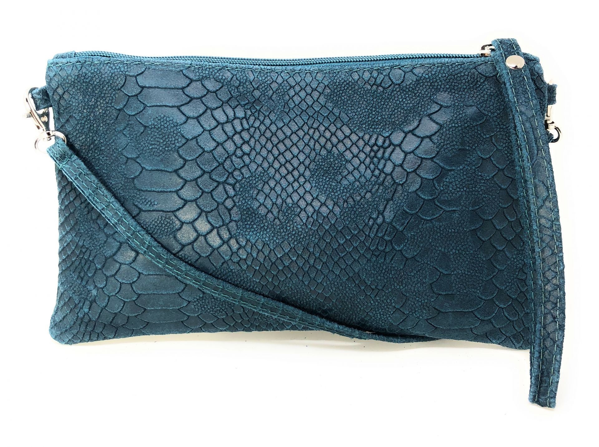 Sac pochette en cuir effet serpent DUNDEE Bleu vert canard