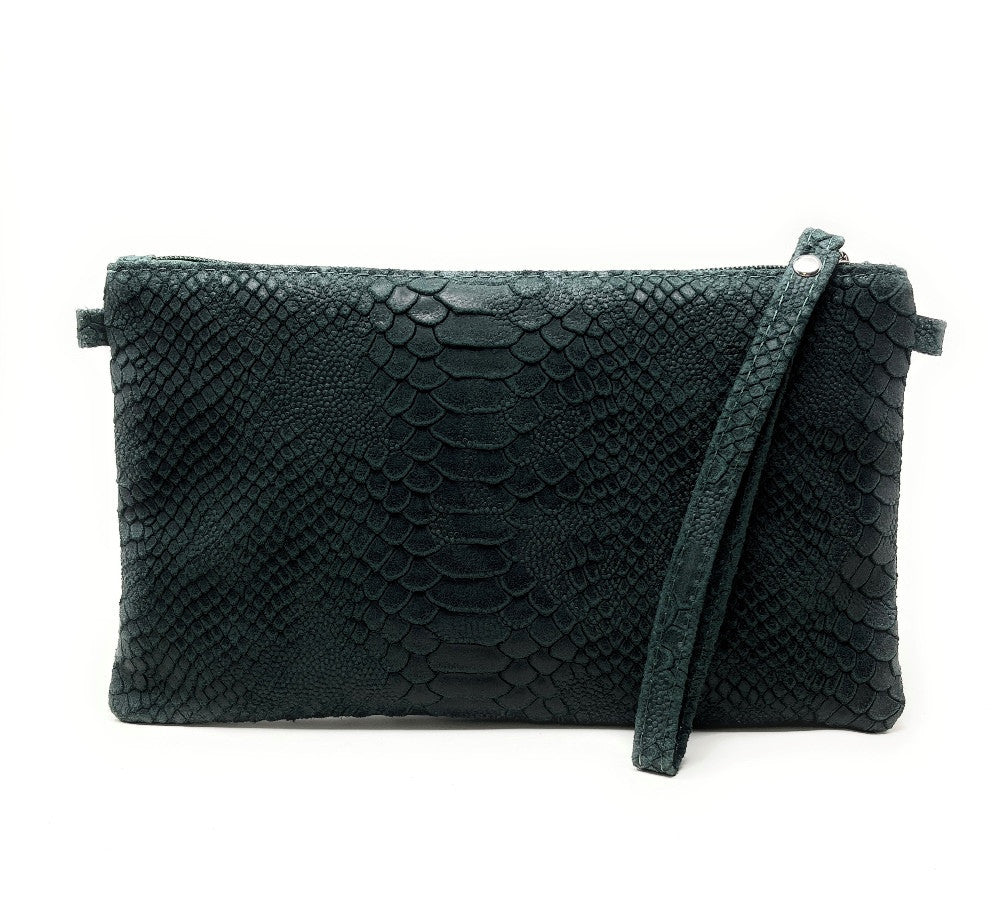 Sac pochette en cuir effet serpent DUNDEE Vert forêt