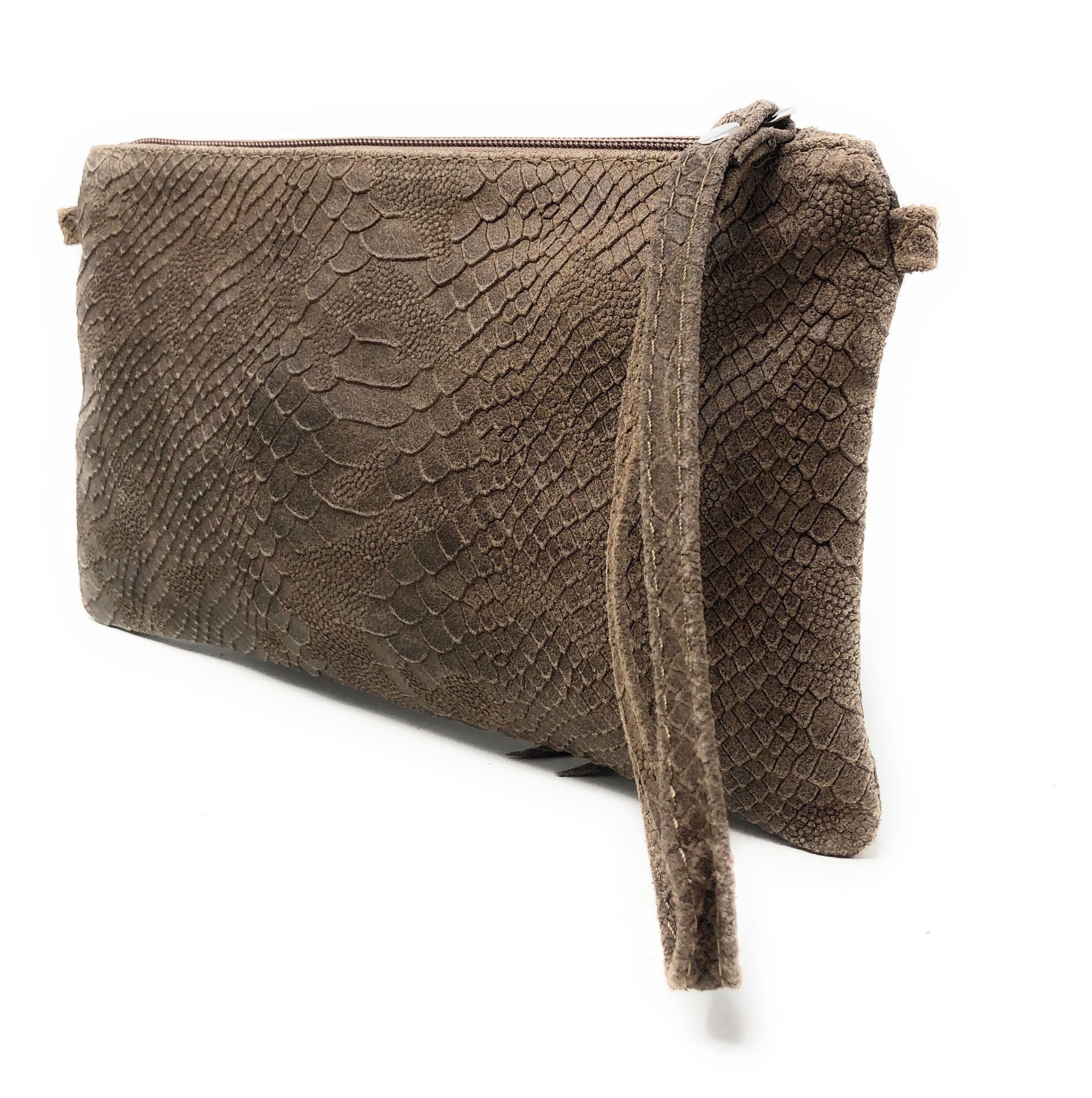 Sac pochette en cuir effet serpent DUNDEE Taupe foncé