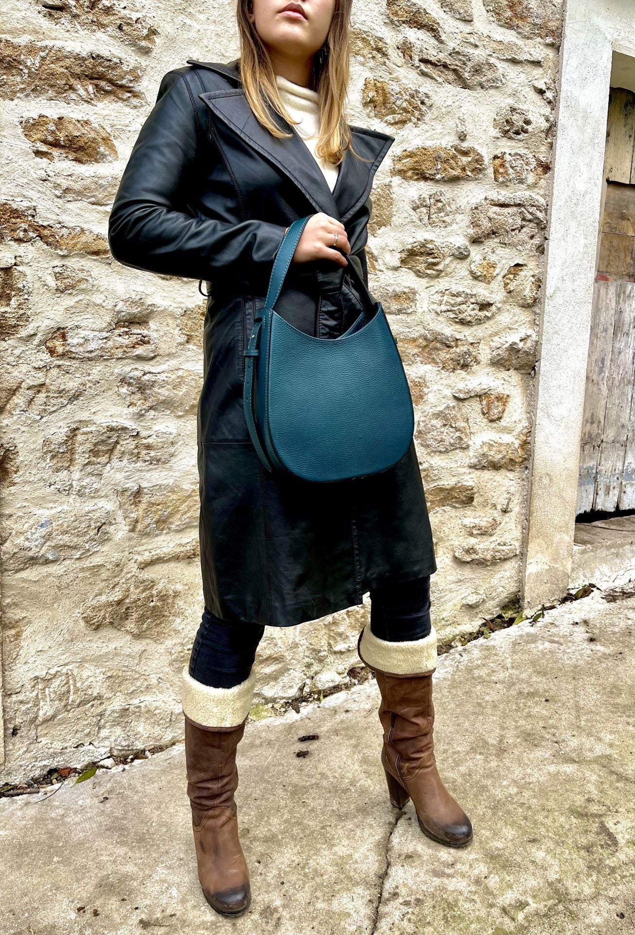 Sac HOBO en cuir grainé ESTHER Bleu vert canard