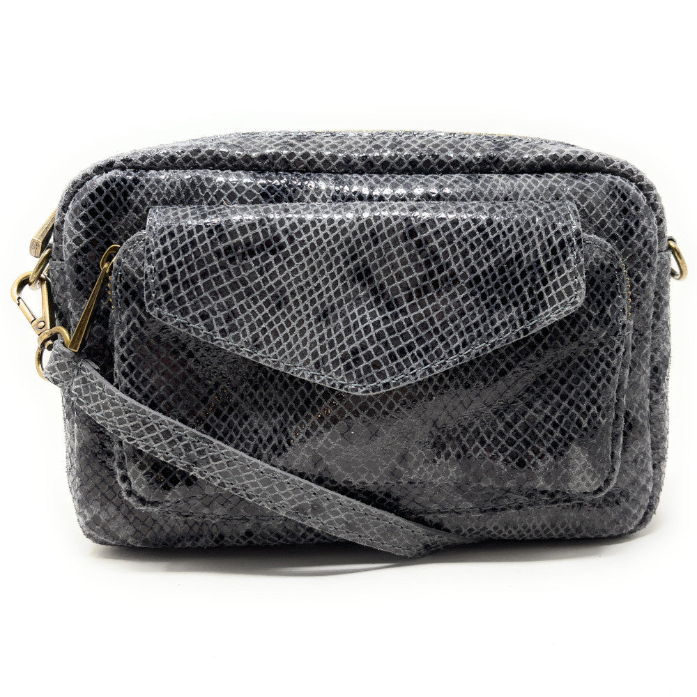 Sac à main trotteur en cuir embossé verni OURASI Serpent gris foncé