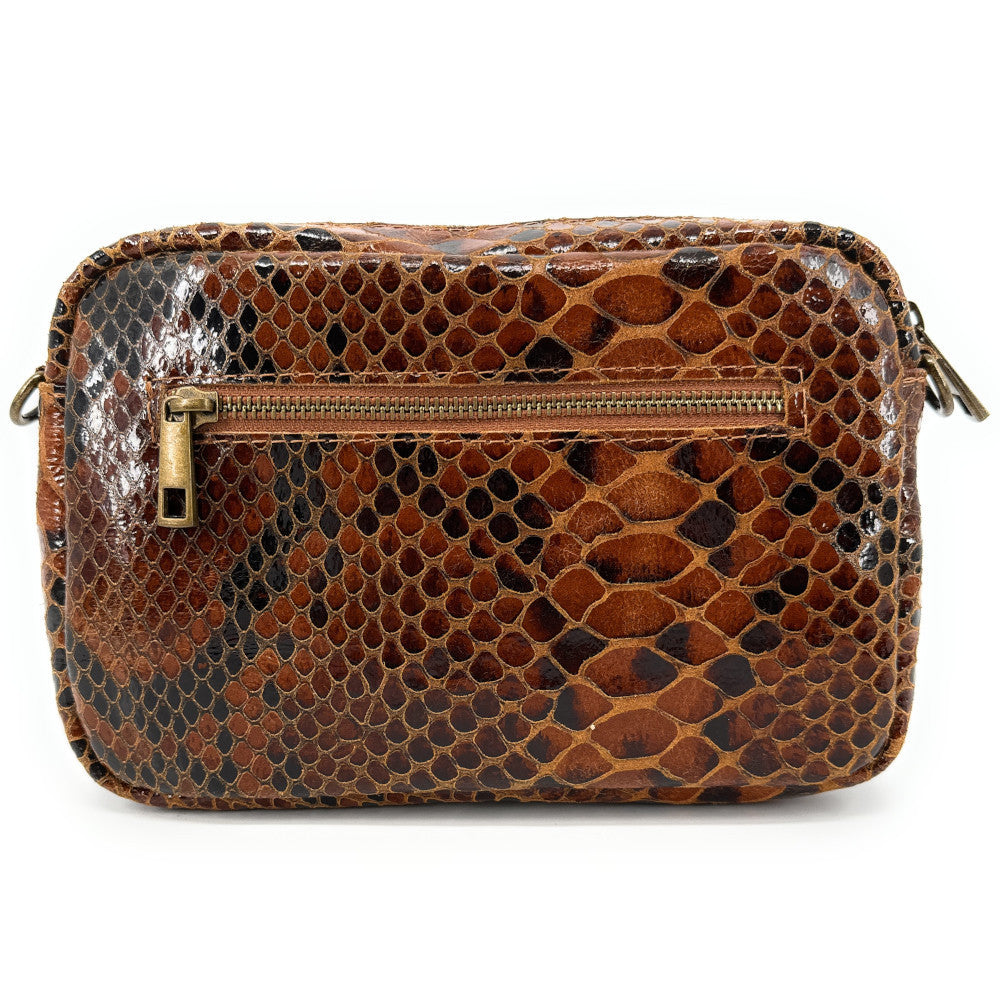 Sac à main trotteur en cuir embossé verni OURASI Serpent cannelle