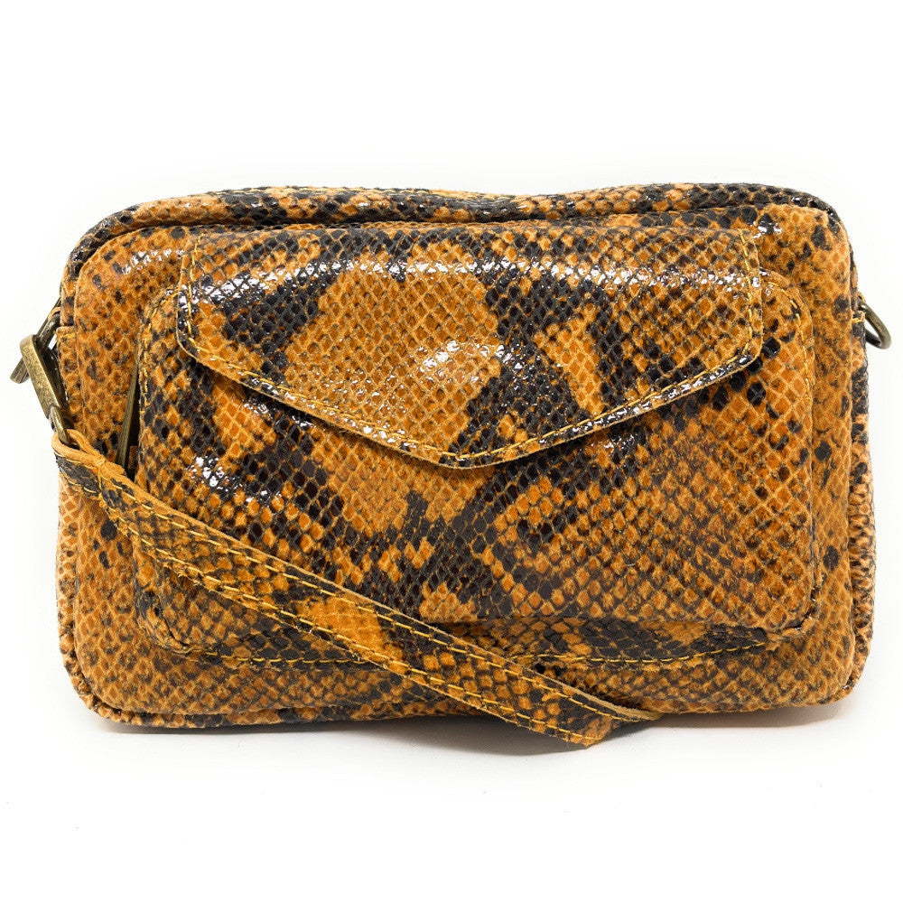 Sac à main trotteur en cuir embossé verni OURASI Serpent orange