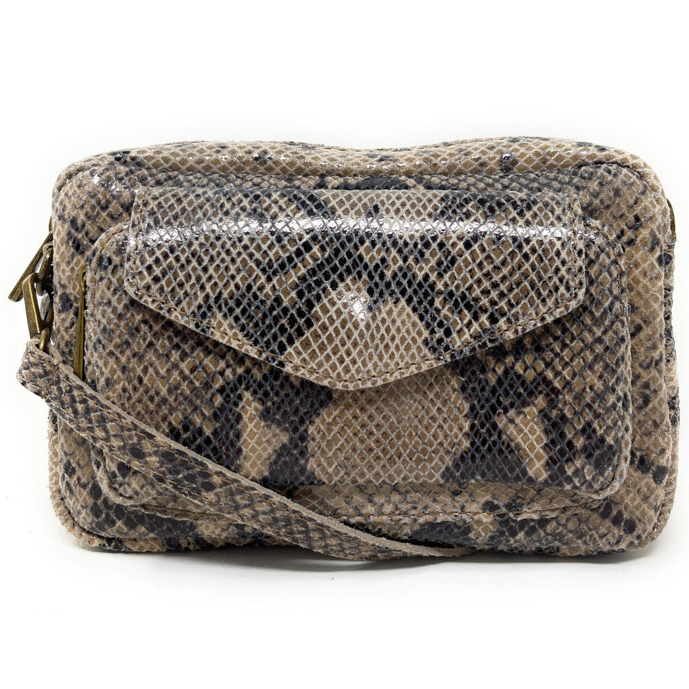 Sac à main trotteur en cuir embossé verni OURASI Serpent taupe clair