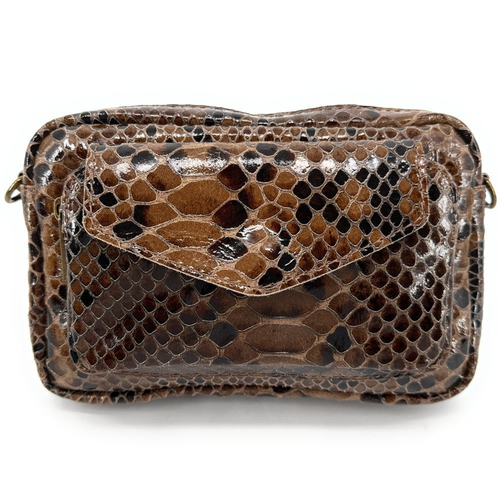 Sac à main trotteur en cuir embossé verni OURASI Serpent chocolat