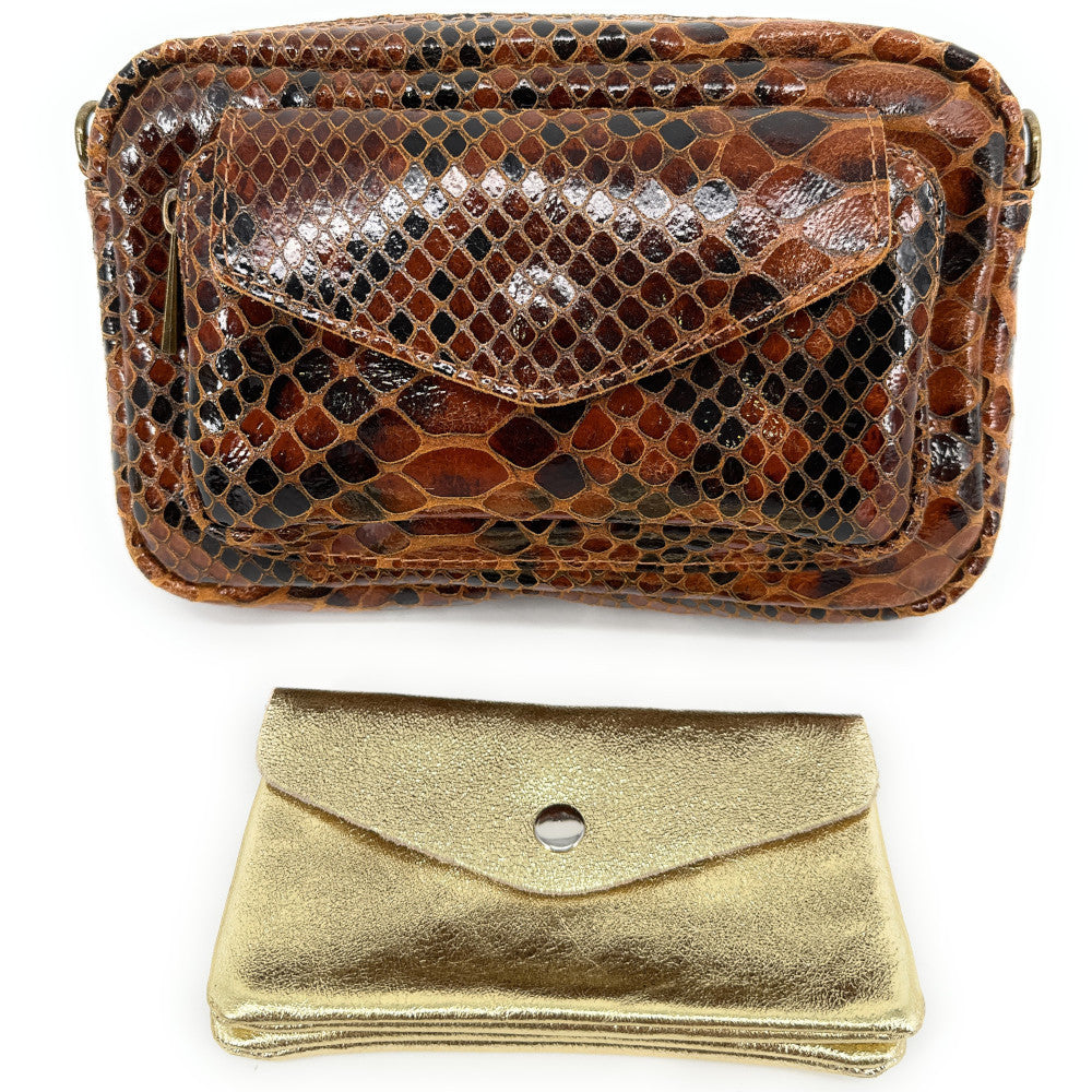 Sac à main trotteur en cuir embossé verni OURASI Serpent cannelle