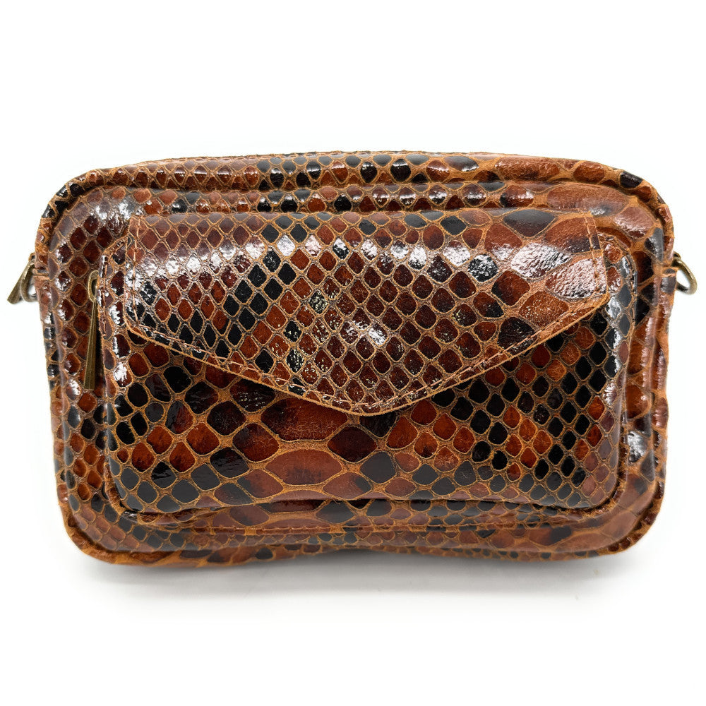 Sac à main trotteur en cuir embossé verni OURASI Serpent cannelle