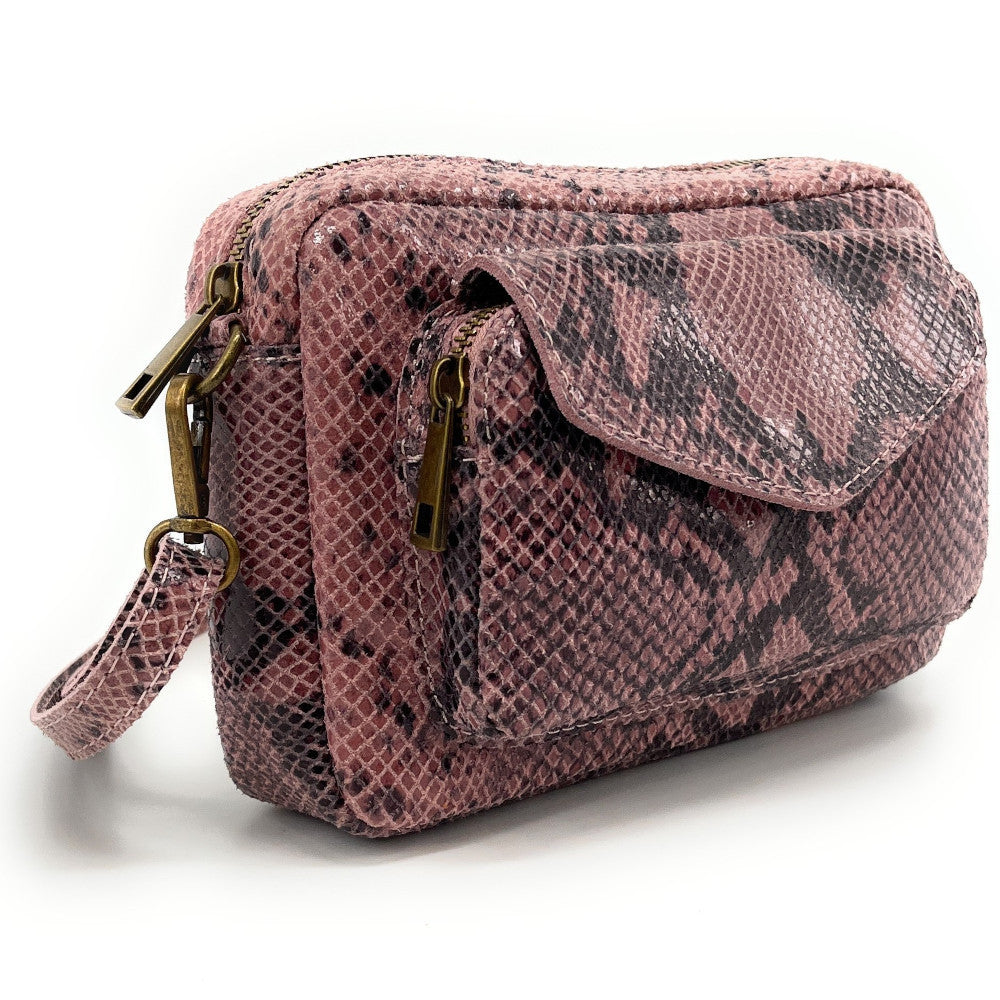 Sac à main trotteur en cuir embossé verni OURASI Serpent rose