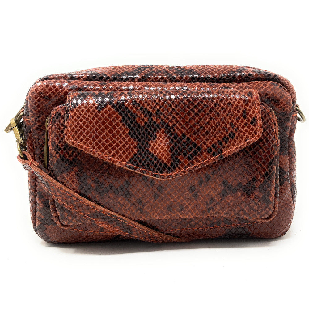 Sac à main trotteur en cuir embossé verni OURASI Serpent rouille