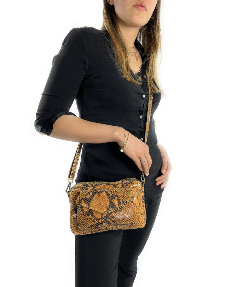 Sac à main trotteur en cuir embossé verni OURASI Serpent orange