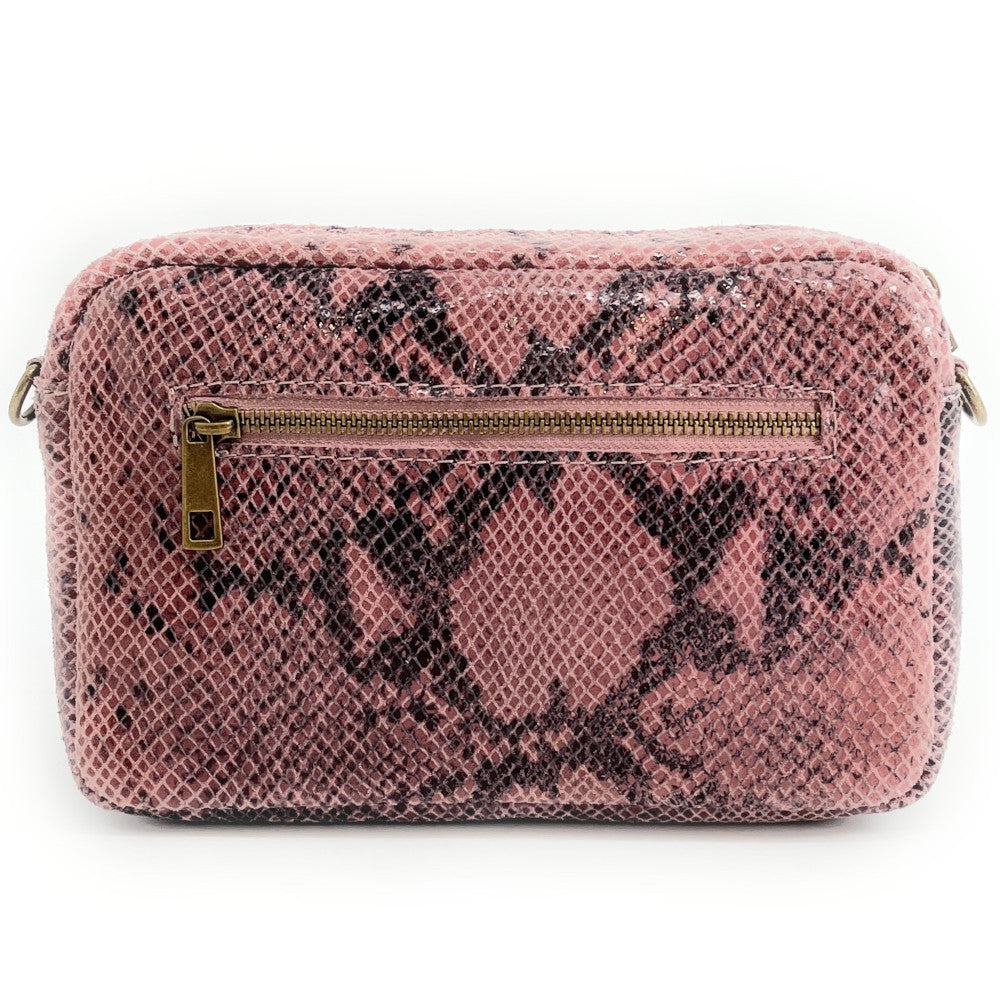Sac à main trotteur en cuir embossé verni OURASI Serpent rose