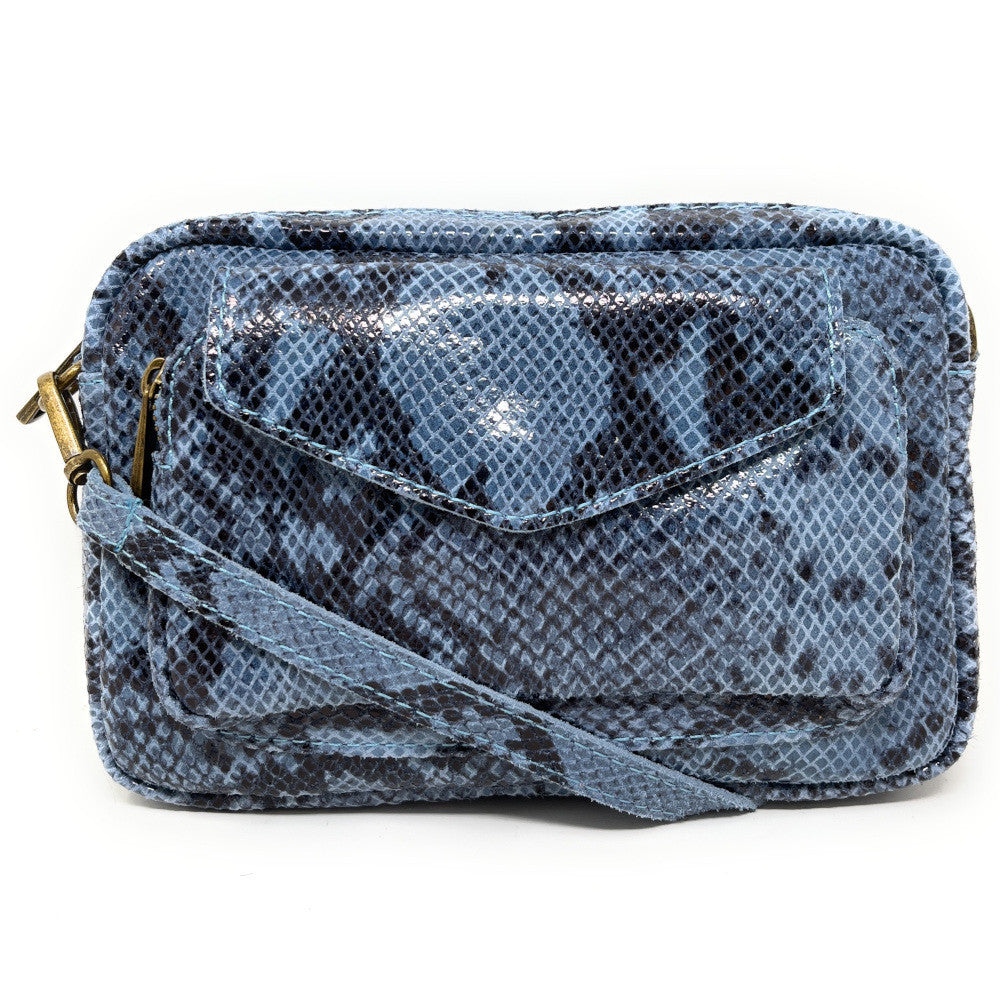 Sac à main trotteur en cuir embossé verni OURASI Serpent bleu ciel