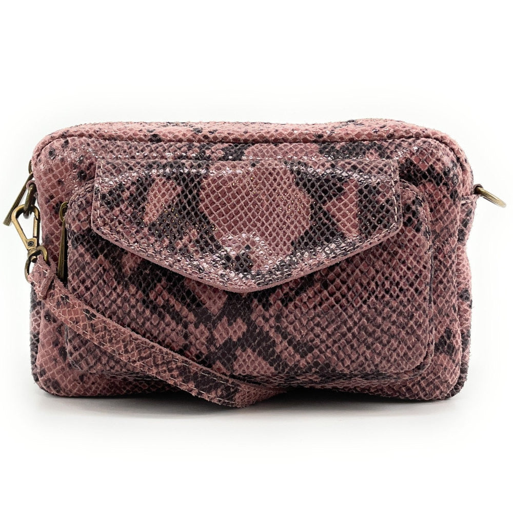 Sac à main trotteur en cuir embossé verni OURASI Serpent rose