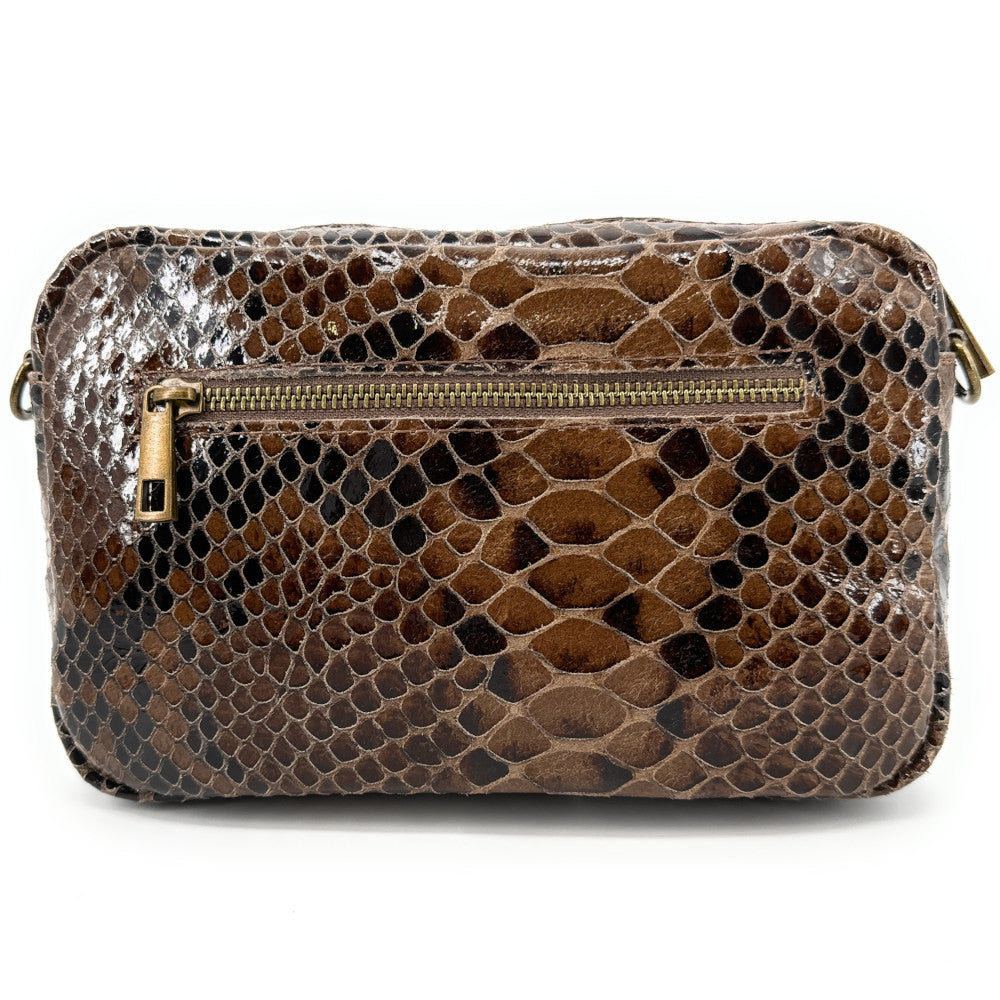 Sac à main trotteur en cuir embossé verni OURASI Serpent chocolat