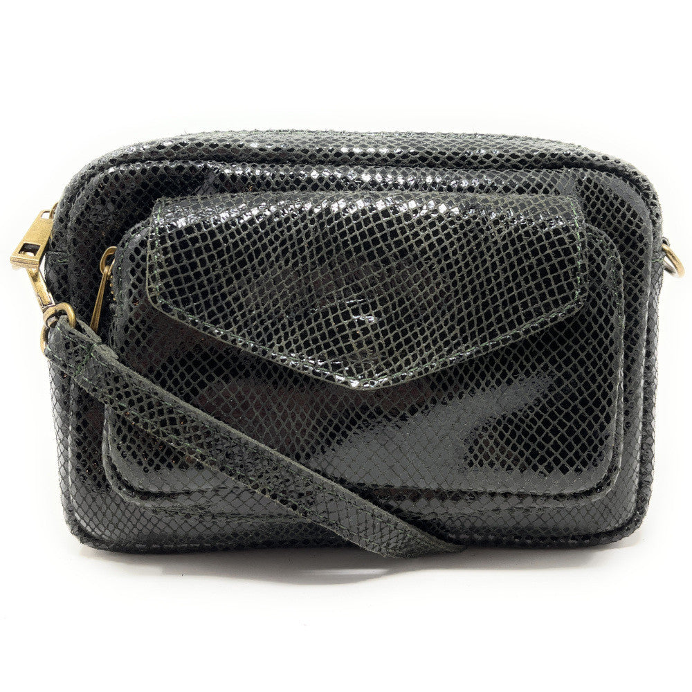 Sac à main trotteur en cuir embossé verni OURASI Kaki
