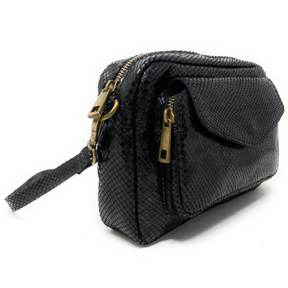 Sac à main trotteur en cuir embossé verni OURASI Noir