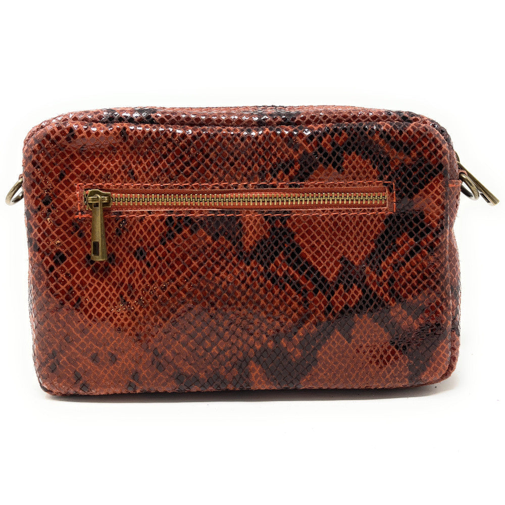 Sac à main trotteur en cuir embossé verni OURASI Serpent rouille