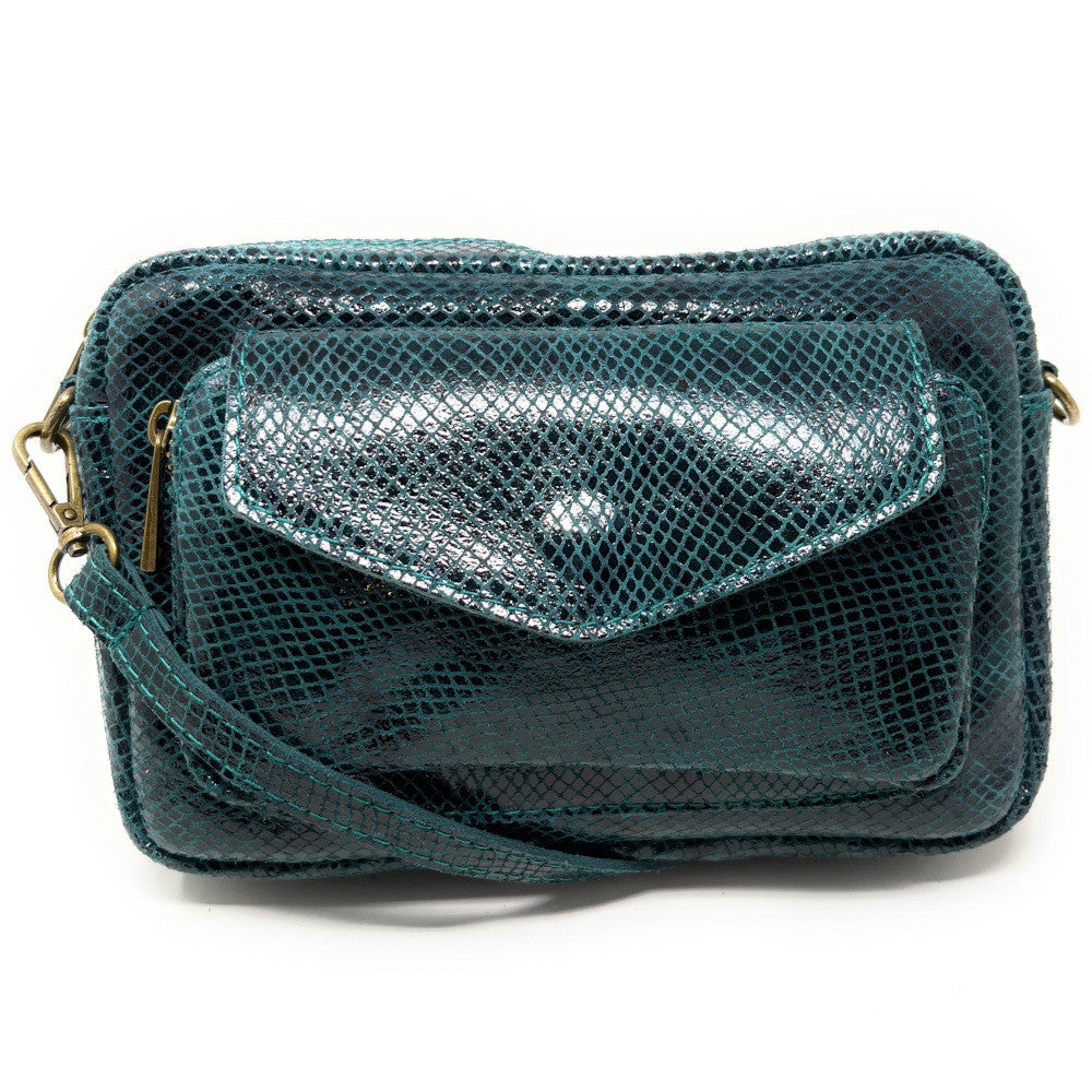 Sac à main trotteur en cuir embossé verni OURASI Bleu vert canard