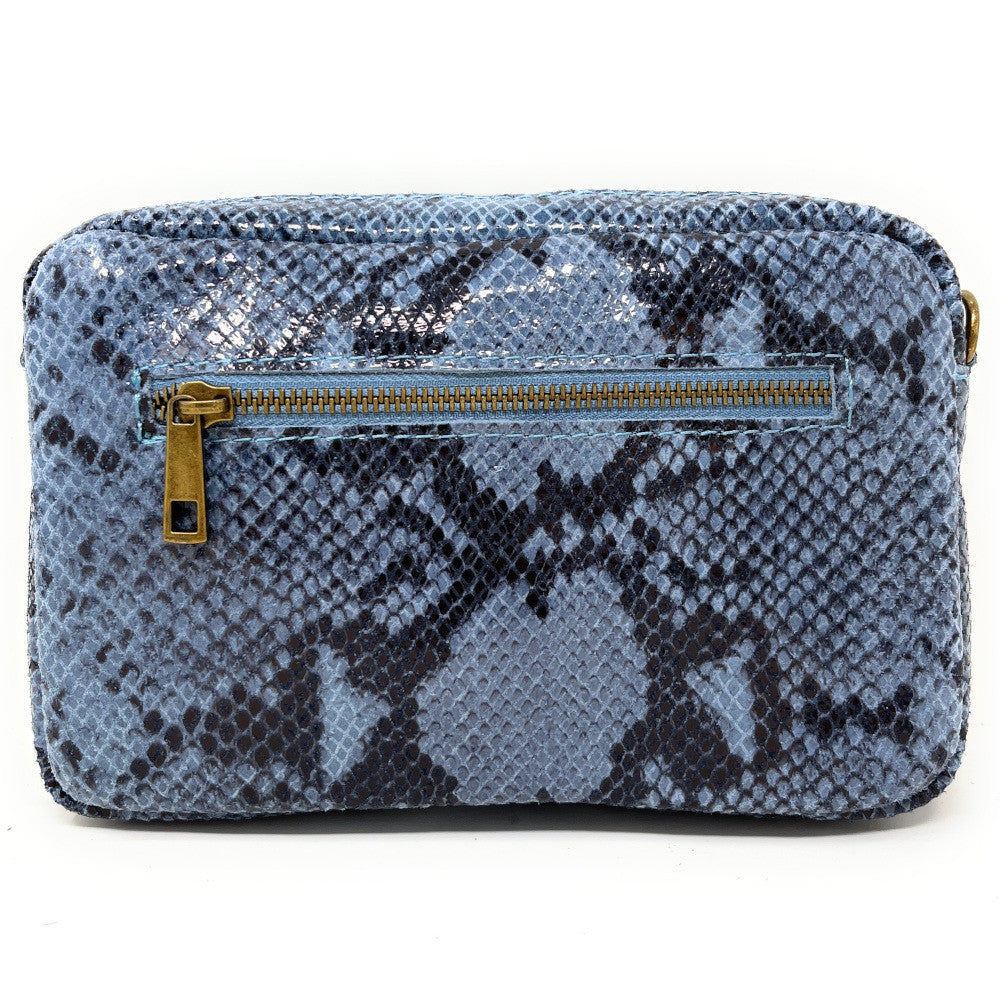 Sac à main trotteur en cuir embossé verni OURASI Serpent bleu ciel