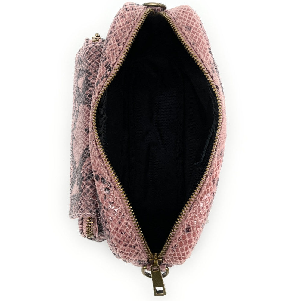 Sac à main trotteur en cuir embossé verni OURASI Serpent rose