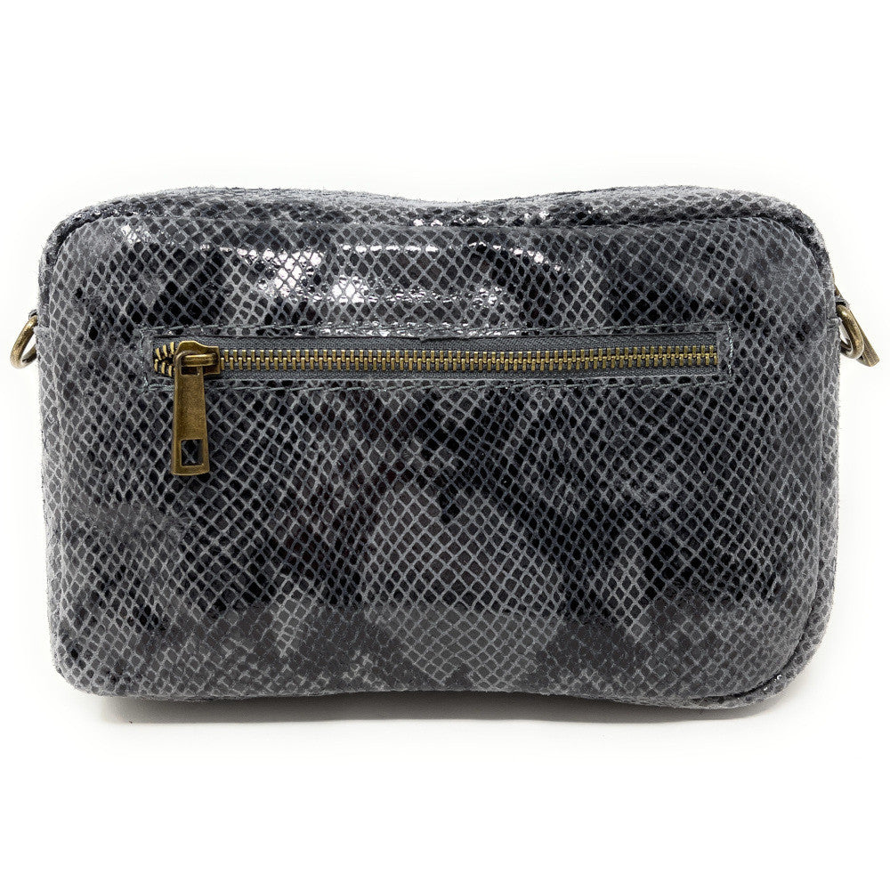Sac à main trotteur en cuir embossé verni OURASI Serpent gris foncé