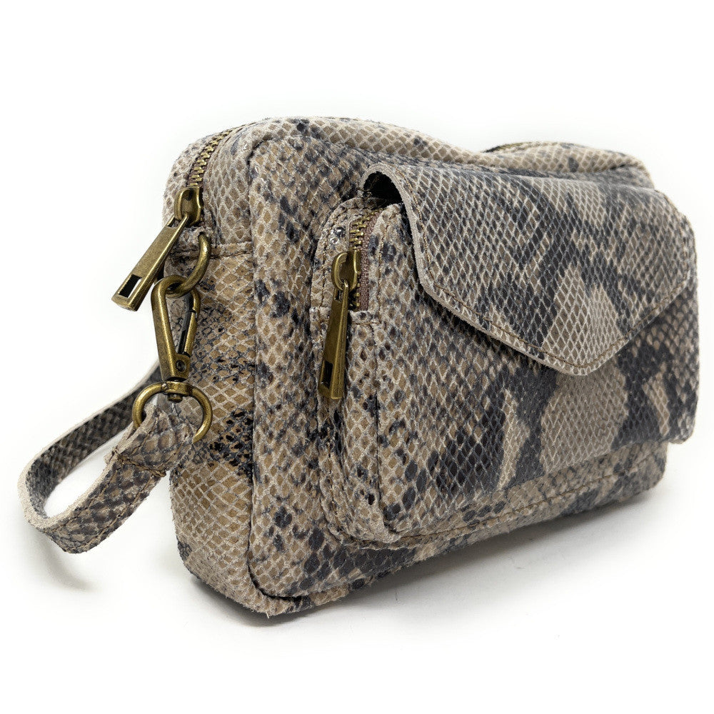 Sac à main trotteur en cuir embossé verni OURASI Serpent taupe clair