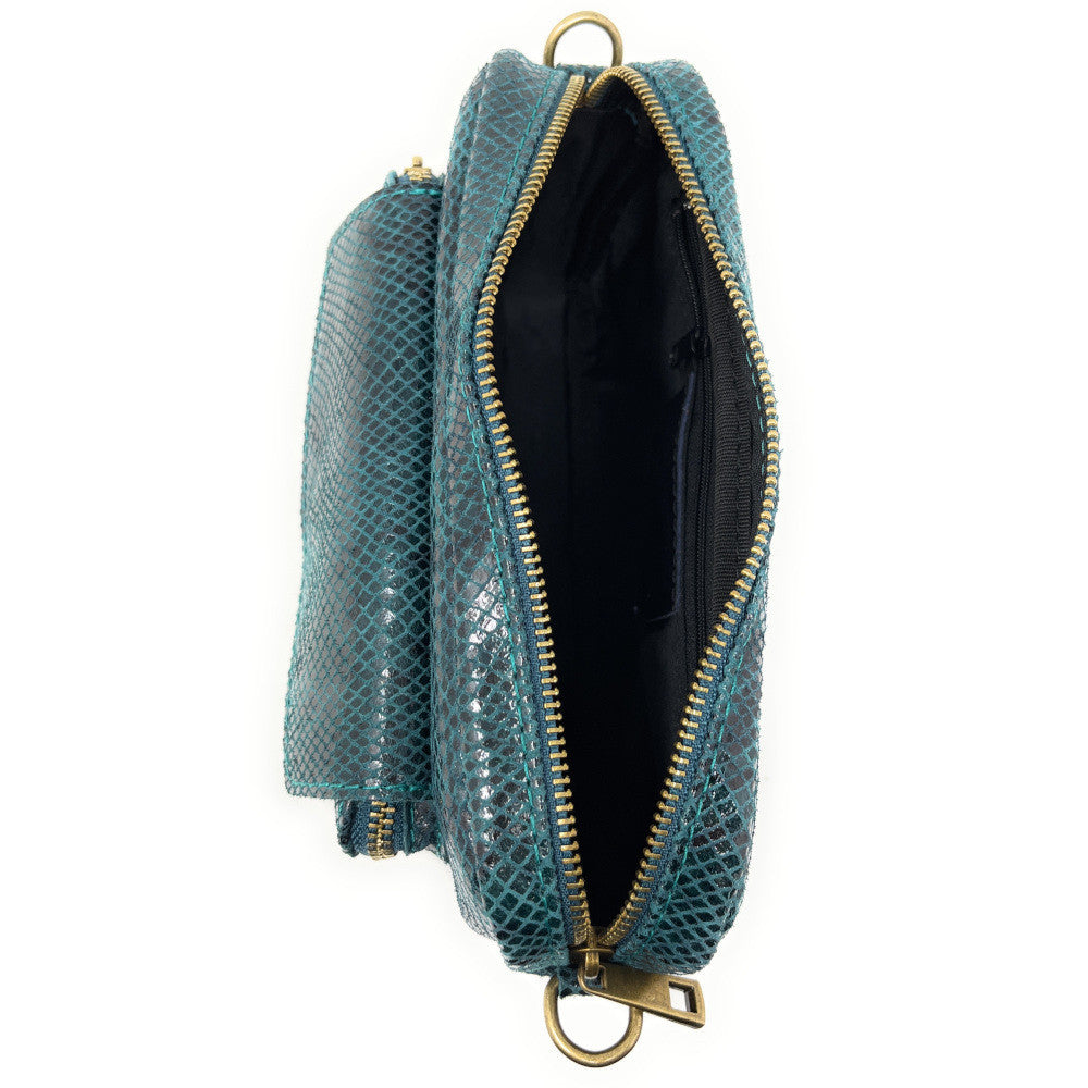 Sac à main trotteur en cuir embossé verni OURASI Bleu vert canard