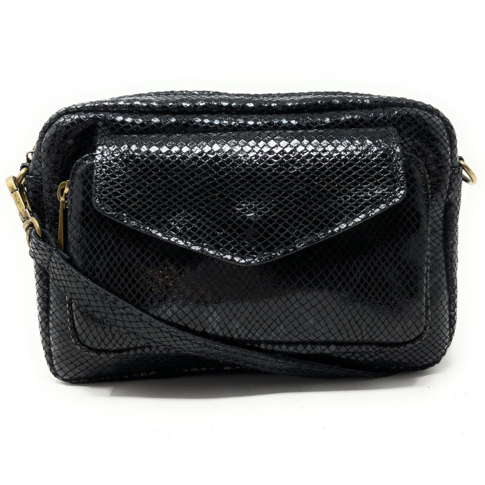 Sac à main trotteur en cuir embossé verni OURASI Noir
